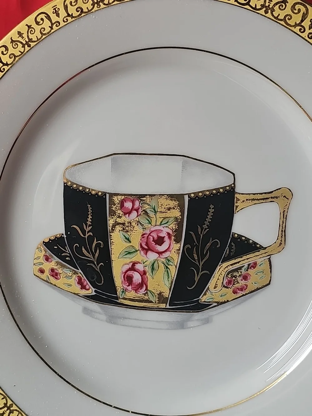 Decorative Dinner Plate with Black & Gold Teacup Motif